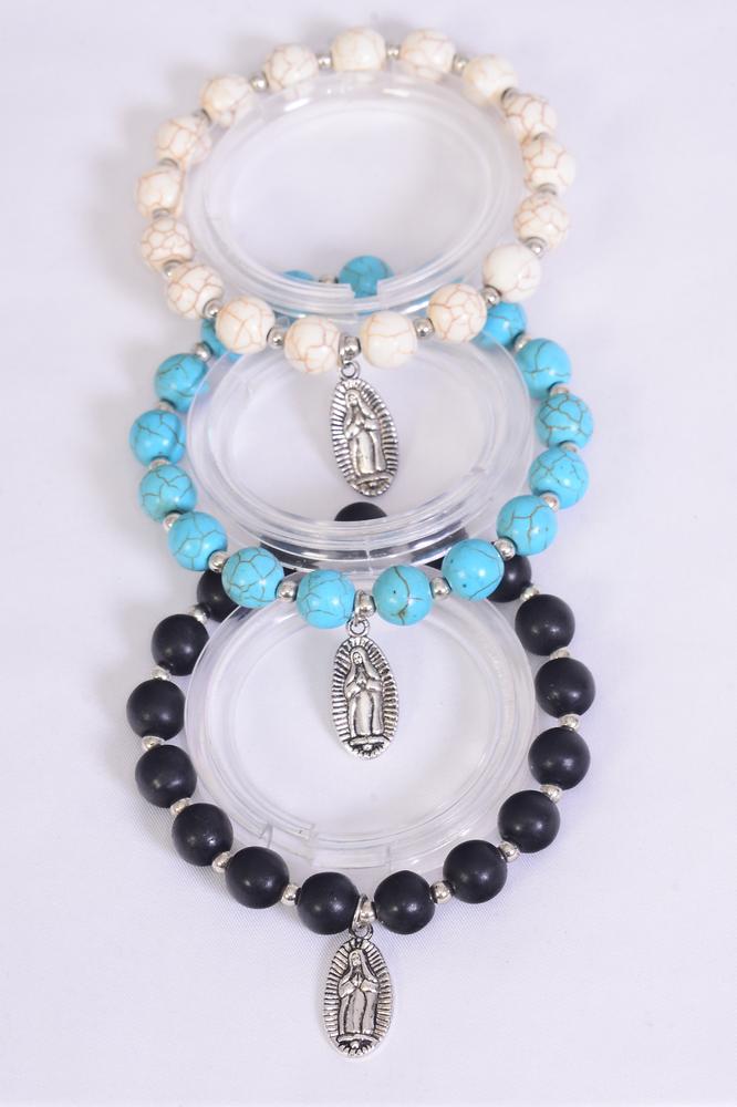 Bracelet 10 Mm Semiprecious Stone Mother Virgin Mary Charm Stretch 12