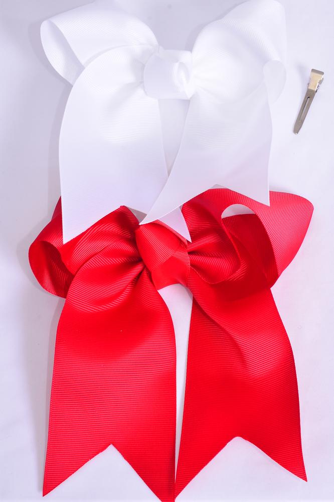 Hair Bow Extra Jumbo Long Tail Cheer Type Bow Red White Mix Grosgrain