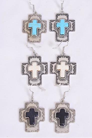 Earrings Metal Antique Cross Semiprecious Stone / 12 pair = Dozen match 70155 Fish Hook , Size - 1.25" x 1" Wide , 4 Black , 4 Ivory , 4 Turquoise Asst , Earring Card & OPP Bag & UPC Code