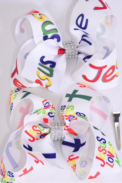 Hair Bow Jumbo Jesus Loves Me Grosgrain Bow-tie /  12 pcs Bow = Dozen  Jesus , Alligator Clip , Size - 6" x 5" Wide , 6 of each Pattern Asst , Clip Strip and UPC Code