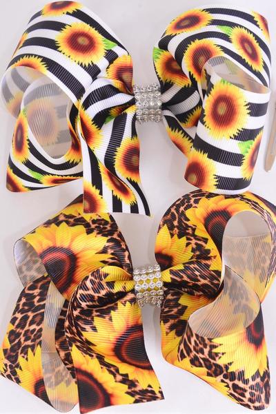 Hair Bow Jumbo Sunflower Grosgrain Bow-tie / 12 pcs Bow = Dozen Alligator Clip , Size - 6" x 5" Wide , 6 Of Each Pattern Asst , Clip Strip and UPC Code