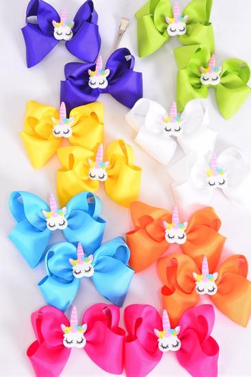 Hair Bow 24 pcs Center Unicorn Charm Citrus Grosgrain Bow-tie / 24 pcs Bow = Dozen  Alligator Clip , Size - 3.5" x 3" Wide ,  2 Fuchsia , 2 Blue , 2 Yellow , 2 Purple , 2 White , 1 Lime , 1 Orange Color Mix , Clip Strip & UPC Code