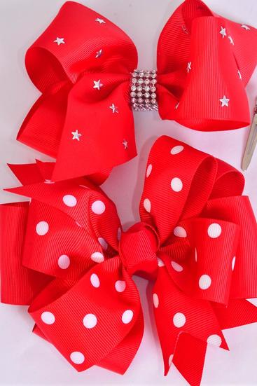 Hair Bow Jumbo Polka Dot & Star Studded Mix Grosgrain Bow-tie Red / 12 pcs Bow = Dozen Alligator Clip , Star Size - 6" x 5" , Polkadot - 6" x 5" Wide , 6 of each Pattern Asst , Clip Strip & UPC Code