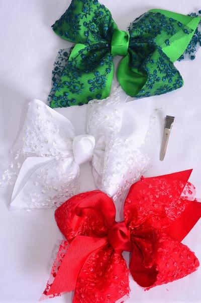 Hair Bow Jumbo XMAS Double Layered Embroidery Lace Grosgrain Bow-tie / 12 pcs Bow = Dozen Lace , Alligator Clip , Bow - 6" x 5" Wide , 4 of each Pattern Mix , Clip Strip & UPC Code