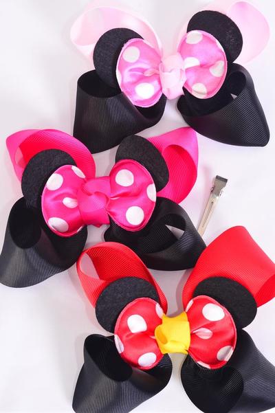 Hair Bow Jumbo Mouse Ear Double Layered Polka dot Grosgrain Bow-tie / 12 pcs Bow = Dozen Alligator Clip , Size - 6" x 6" , 4 Red , 4 Fuchsia , 4 Baby Pink Color Asst , Clip Strip & UPC Code