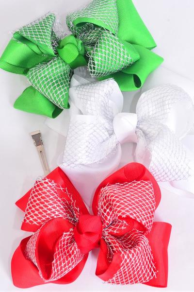 Hair Bow Jumbo Christmas Double Layered Silver Mesh Grosgrain Bow-tie Red White Green Mix / 12 pcs Bow = Dozen Christmas , Alligator Clip , Size - 6" x 5 " Wide , 4 of each Pattern Asst , Clip Strip & UPC Code