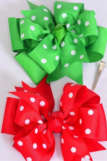 Hair Bow Jumbo Double Layered Polka-dots Red Green Mix Grosgrain Bow-tie / 12 pcs Bow = Dozen Alligator Clip, Size - 6" x 5" Wide , 6 Red ,6 Green Color Asst, Clip Strip & UPC Code