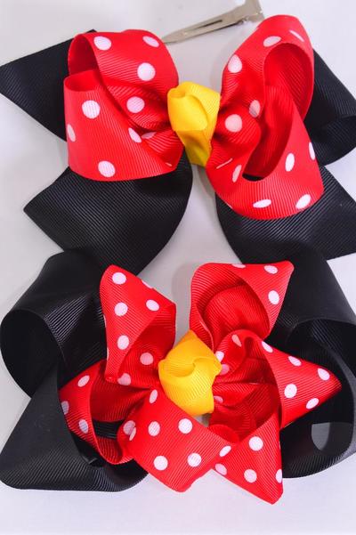 Hair Bow Jumbo Double Layered Polka dots Grosgrain Bow-tie / 12 pcs Bow = Dozen  Alligator Clip , Size - 6" x 5" Wide , 6 Of Each Pattern Asst , Clip Strip & UPC Code