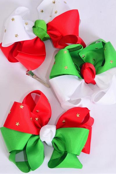 Hair Bow Jumbo Christmas Gold Star Studded Grosgrain Bow-tie / 12 pcs Bow = Dozen Christmas , Alligator Clip , Size - 6" x 5" Wide , 4 of each Pattern Asst , Clip Strip & UPC Code