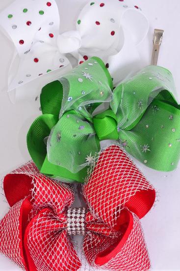 Hair Bow Jumbo XMAS Metallic Star & Silver Mesh & Studded Asst Grosgrain Bow-tie / 12 pcs Bow = Dozen Alligator Clip , Size - 6" x 5" Wide , 4 Of Each Pattern Asst , Clip Strip & UPC Code