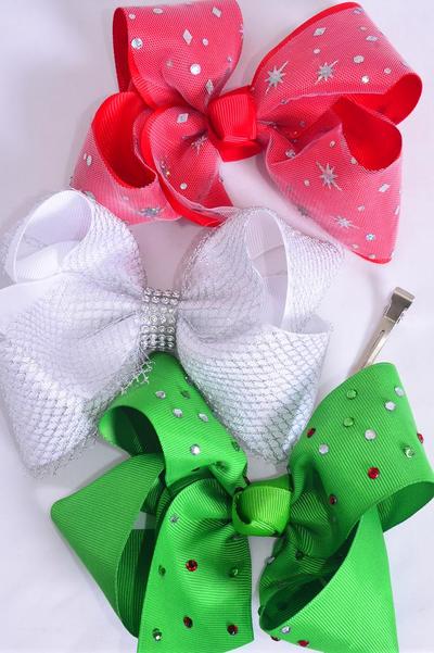 Hair Bow Jumbo XMAS Metallic Star Silver Mesh Studded Asst Grosgrain Bow-tie / 12 pcs Bow = Dozen Christmas , Alligator Clip , Size - 6" x 5" Wide ,  4 Of Each Pattern Asst , Clip Strip & UPC Code