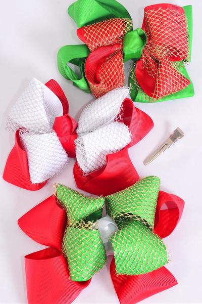 Hair Bow Jumbo Christmas Double Layered Bow Gold Mesh Grosgrain Bow-tie Red White Green Mix / 12 pcs Bow = Dozen Alligator Clip , Size - 6" x 5" Wide , 4 Of Each Pattern Asst , Clip Strip & UPC Code