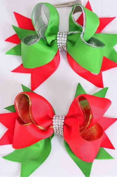 Hair Bow Jumbo Double Layered Metallic Grosgrain Bow-tie / 12 pcs Bow = Dozen Christmas , Alligator Clip , Size - 6" x 5" Wide, 6 of each Pattern Mix , Clip Strip & UPC Code