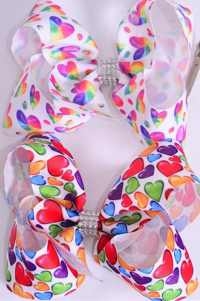 Hair Bow Jumbo Multi Hearts Grosgrain Bow-tie / 12 pcs Bow = Dozen Alligator Clip , Size - 6" x 5" Wide , 6 of each Pattern Asst , Clip Strip & UPC Code