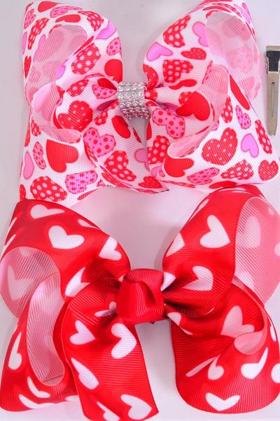 Hair Bow Jumbo Heart Mix Grosgrain Bow-tie / 12 pcs Bow = Dozen Alligator Clip , Bow - 6" x 5" Wide , 6 Of Each Pattern Asst , Clip Strip & UPC Code