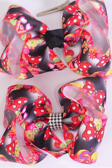 Hair Bow Jumbo Polka dot Bow-tie Lollipop Peppermint Candys Mix Grosgrain Bow-tie / 12 pcs Bow = Dozen  Alligator Clip , Size - 6" x 5" Wide , 6 of Each Pattern Asst , Clip Strip & UPC Code