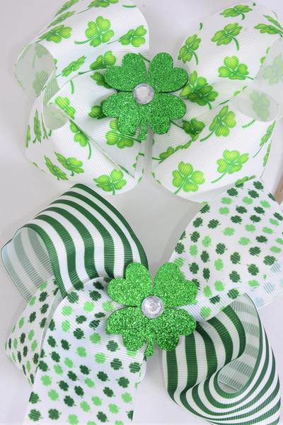 Hair Bow Jumbo Clover St Patrick Grosgrain Bow-tie / 12 pcs Bow = Dozen Alligator Clip , Size - 6" x 5" Wide , 4 of each Pattern Asst , Clip Strip and UPC Code