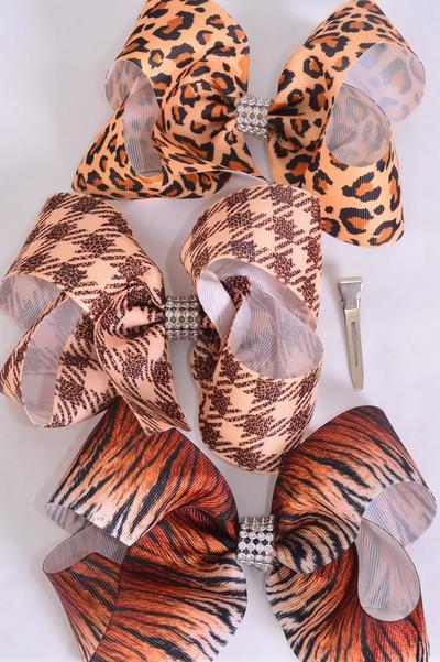 Hair Bow Jumbo Plaid Leopard Tiger Animal Pattern Mix Grosgrain Bow-tie / 12 pcs Bow = Dozen  Alligator Clip , Size - 6" x 5" Wide , 4 of each Pattern , Clip Strip & UPC Code