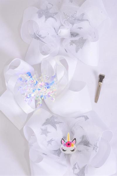 Hair Bow Jumbo Iridescent Mesh Metallic Stars Unicorn Mix White Grosgrain Bow-tie / 12 pcs Bow = Dozen White , Alligator Clip , Size - 6" x 5" Wide , 4 of each Pattern Asst , Clip Strip & UPC Code