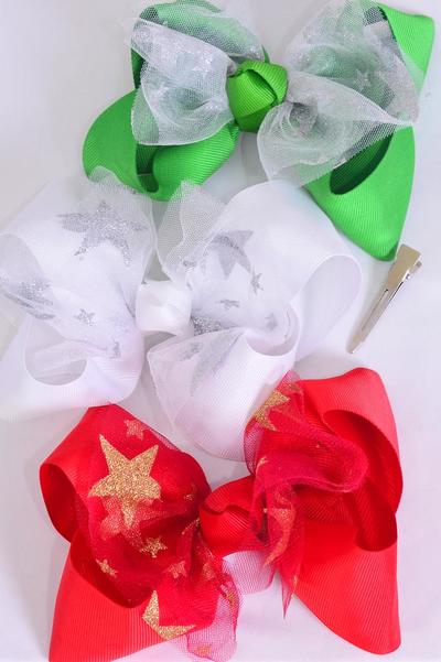 Hair Bow Jumbo Christmas Mesh Metallic Stars Red White Green Mix Grosgrain Bow-tie / 12 pcs Bow = Dozen Alligator Clip , Size - 6" x 5" Wide , 4 of Pattern Color Asst , Clip Strip & UPC Code