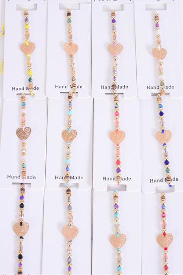 Bracelet Stainless Steel Gold Filigree Heart Asst Seashell Crystal Multi / 12 pcs = Dozen  Pull-String , Adjustable , 12 Pattern Mix , Individual Hang tag & OPP Bag & UPC Code