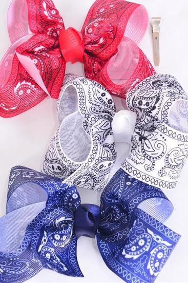 Hair Bow Jumbo Bandana Paisley Grosgrain Bow-tie / 12 pcs Bow = Dozen Alligator Clip , Size - 6" x 5" Wide , 4 Of each Pattern Asst , Clip Strip and UPC Code