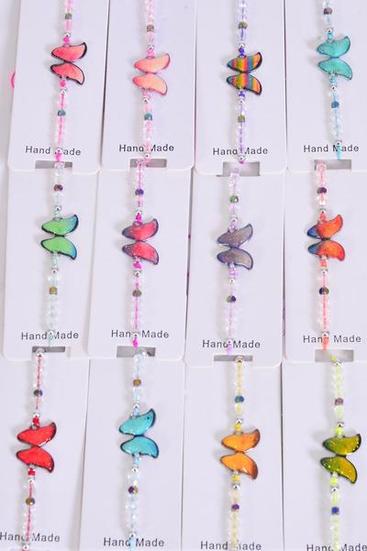 Bracelet Enamel Silver Glitter Butterfly Glass Crystal Iridescent Multi / 12 pcs Bow = Dozen Pull-String , Adjustable , 12 Pattern Mix , Individual Hang Tag & OPP Bag & UPC Code