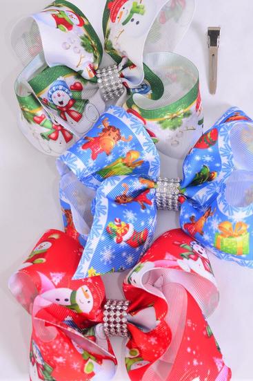 Hair Bow Jumbo Happy Snowman Stockig Mix Grosgrain Bow-tie / 12 pcs Bow = Dozen  Snow days , Alligator Clip , Size - 6" x 5" Wide , 4 Of Each Pattern Asst , Clip Strip & UPC Code