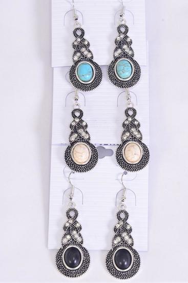 Earrings Metal Antique Semiprecious Stone / 12 pair = Dozen  match 75027 Fish Hook , Size - 1.75" x 0.75" Wide , 4 Black , 4 Ivory , 4 Turquoise Asst , Earring Card & OPP Bag & UPC Code