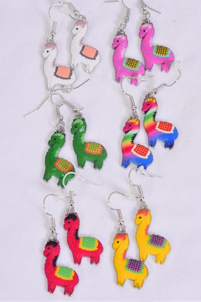 Earrings Llama Enamel Multi / 12 pair = Dozen  match 25027 Fish Hook , 2 Of each Pattern Asst , Earring Card & OPP Bag & UPC Code