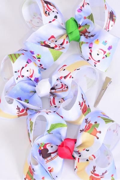 Hair Bow Jumbo Happy Santa Grosgrain Bow-tie / 12 pcs Bow = Dozen Santa , Alligator Clip , Size - 6" x 5" Wide , 4 of each Pattern Asst , Clip Strip & UPC Code