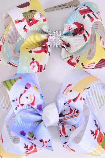 Hair Bow Jumbo Happy Santa Asst Grosgrain Bow-tie / 12 pcs Bow = Dozen Alligator Clip , Size - 6" x 5" Wide , 6 Of Each Pattern Asst , Clip Strip & UPC Code