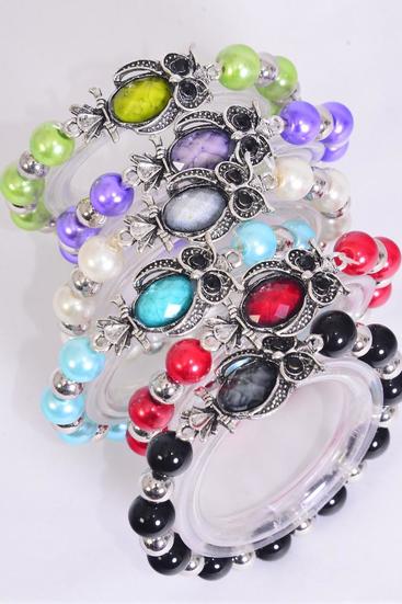 Bracelet Owl Marble Look Glass Pearl Silver Beads / 12 pcs = Dozen match 02656 70316 Stretch , Owl Size - 1.5" x 0.75" wide , 2 of each Pattern Asst , Hang Tag & OPP Bag & UPC Code