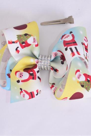 Hair Bow Jumbo Ho Ho Ho Happy Santa Grosgrain Bow-tie / 12 pcs Bow = Dozen  Alligator Clip , Size - 6" x 5" Wide , Clip Strip & UPC Code