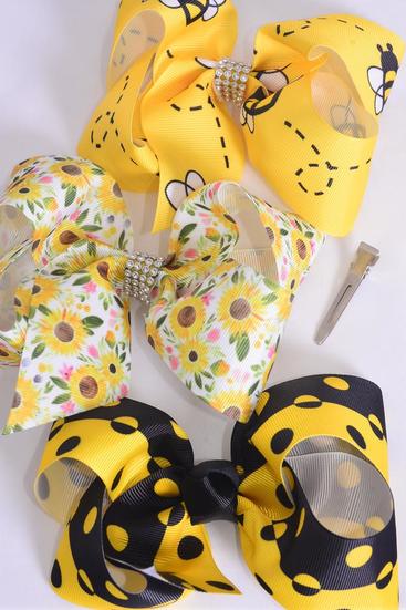 Hair Bow Jumbo Honey Bee Polka dot Sunflower Mix  Grosgrain Bow-tie / 12 pcs Bow = Dozen Alligator Clip , Size - 6" x 5" Wide , 4 Of each Pattern Asst , Clip Strip & UPC Code