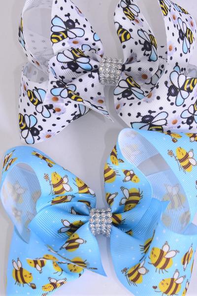 Hair Bow Jumbo Cute Honey Bees Mix Grosgrain Bow-tie / 12 pcs Bow = Dozen Alligator Clip , Size - 6" x 5" Wide , 6 Of each Pattern Asst , Clip Strip and UPC Code