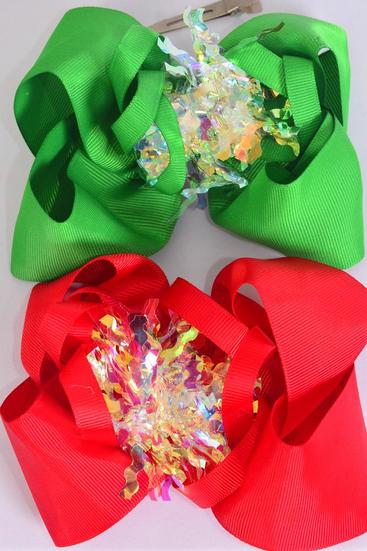 Hair Bow Jumbo Christmas Iridescent Grosgrain Bow-tie/ 12 pcs Bow = Dozen Christmas , Alligator Clip , Size - 6" x 5" Wide , 6 of each Pattern Asst , Clip Strip & UPC Code