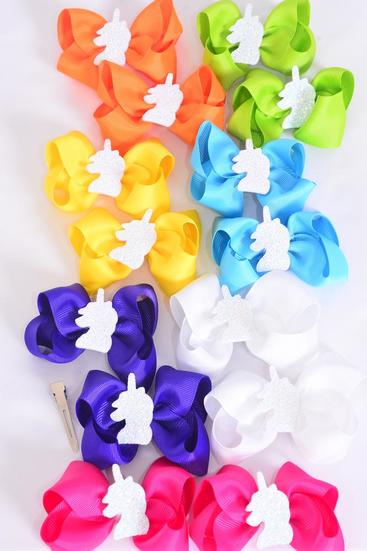 Hair Bow 24 pcs Center Unicorn Grosgrain Bow-tie Citrus / 24 pcs Bow = Dozen  Alligator Clip , Size - 3.5" x 3" Wide , 2 White , 2 Fuchsia , 2 Yellow , 2 Purple , 2 Blue , 1 Lime , 1 Orange Color mix , Clip Strip & UPC Code