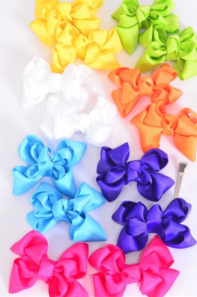 Hair Bows 24 pcs Double Layered Bowtie Citrus Grosgrain Bow-tie / 12 Pair = Dozen  Alligator Clip , 2 White , 2 Hot Pink , 2 Blue , 2 Purple , 2 Yellow , 1 Orange , 1 Lime Color Asst , Clip Strip & UPC Code ,12 pair = Dozen