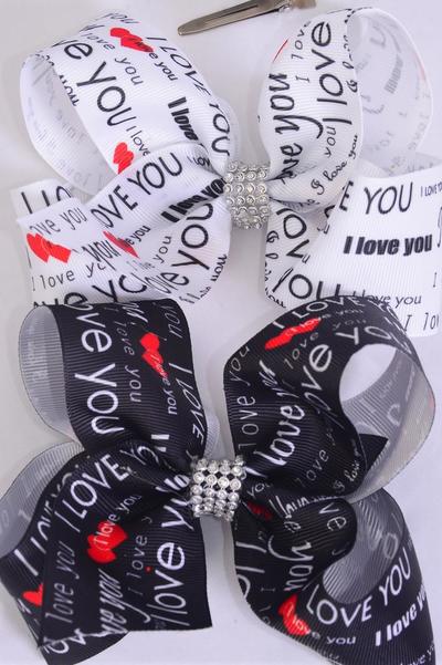 Hair Bow Jumbo I Love You Hearts Words Grosgrain Bow-tie / 12 pcs Bow = Dozen Alligator Clip , Size - 6" x 5" Wide , 6 of each Pattern Asst , Clip Strip & UPC Code