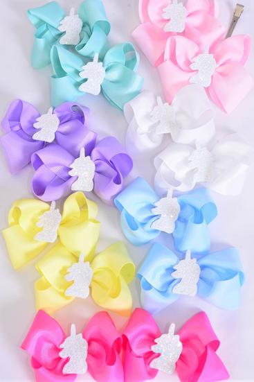 Hair Bow 24 pcs Center Unicorn Grosgrain Bow-tie Pastel / 24 pcs Bow = Dozen  Alligator Clip , Size - 3.5" x 3" , 2 White , 2 Baby Pink , 2 Lavender , 2 Hot Pink , 2 Mint ,1 Blue , 1 Yellow Color Asst , Clip Strip & UPC Code