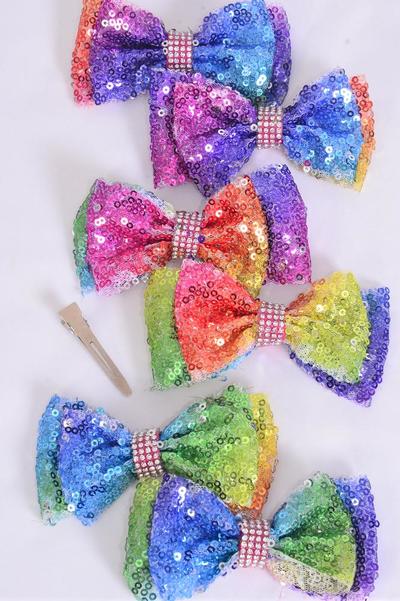 Hair Bows 24 pcs Sequin Iridescent Tiedye Pastel Rainbow Bowtie Grosgrain Bow-tie / 24 pcs Bow = Dozen Alligator Clip , Size - 3.5" x 2" Wide , 3 of each Color Asst , Clip Strip & UPC Code 