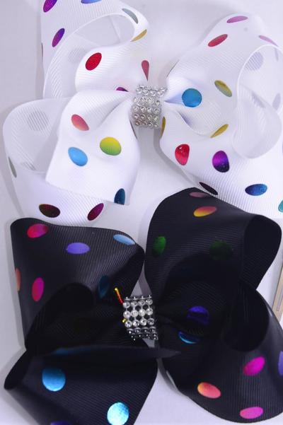 Hair Bow Jumbo Metallic Holographic Polka dots Black White Mix Grosgrain Bow-tie / 12 pcs Bow = Dozen   Alligator Clip , Size - 6" x 5" Wide , 6 Of each Pattern Asst , Clip Strip & UPC Code