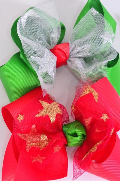 Hair Bow Jumbo Mesh Metallic Stars Grosgrain Bow-tie / 12 pcs Bow = Dozen Christmas , Size - 6" x 5", Alligator Clip , 6 Of each Pattern Asst , Clip Strip & UPC Code