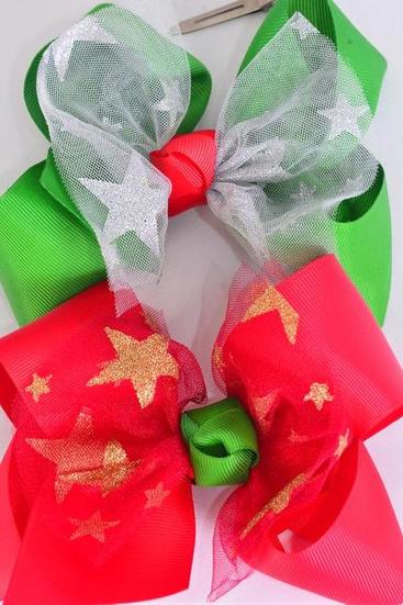 Hair Bow Jumbo XMAS Mesh Metallic Stars Grosgrain Bow-tie / 12 pcs Bow = Dozen Christmas , Size-6" x 5", Alligator Clip , 6 Of each Pattern Asst , Clip Strip & UPC Code