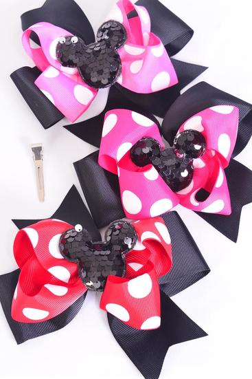 Hair Bow Jumbo Double Layered Center Black Sequin Mouse Ear Charm Polka dots Grosgrain Bow-tie / 12 pcs Bow = Dozen Alligator Clip , Size - 6" x 5" , 4 Of each Pattern Asst , Clip Strip & UPC Code