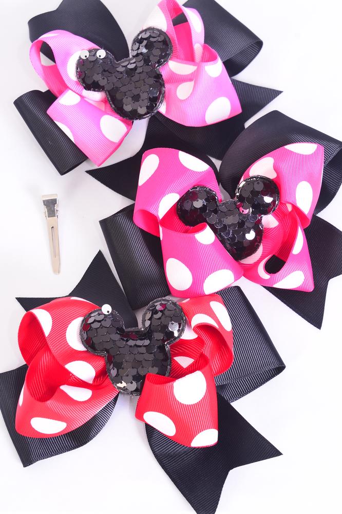 Hair Bow Jumbo Double Layered Center Black Sequin Mouse Ear Charm Polka ...