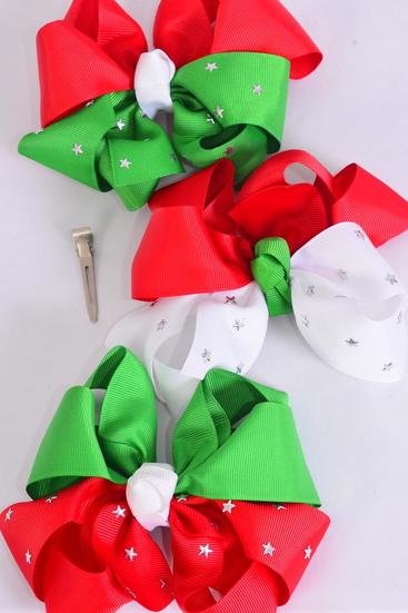 Hair Bow Jumbo Bow Christmas Silver Star Studded Grosgrain Bow-tie / 12 pcs Bow = Doze Alligator Clip , Size - 6" x 5" Wide , 4 of each Color Asst , Clip Strip & UPC Code