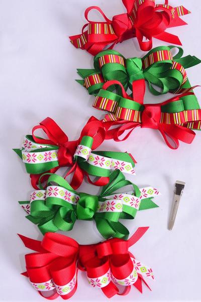 Hair Bow Large Christmas Loop Bow Snowflake Candy Strip Mix Grosgrain Bow / 12 pcs Bow = Dozen  Christmas , Alligator Clip , Size - 4.5" x 3.5" Wide , 2 of each Pattern Mix , Display Card & UPC Code,Clear Box