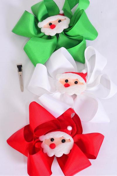 Hair Bow Jumbo Christmas Cute Santa Charm Grosgrain Bow-tie / 12 pcs Bow = Dozen Santa , Alligator Clip , Size - 6" x 5" Wide , 4 of each Color Asst , Clip Strip & UPC Code